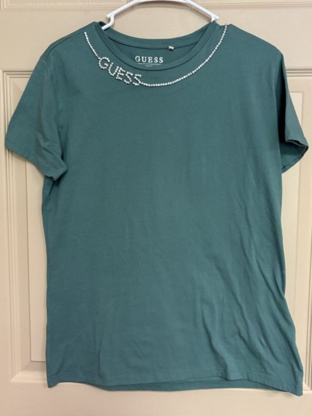 GUESS Sage Green Short Sleeve Crewneck Tee with Crystal Logo Womens XL